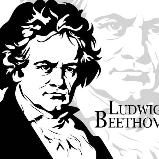 Grafisk sort/hvid billede af Ludvig van Beethoven.