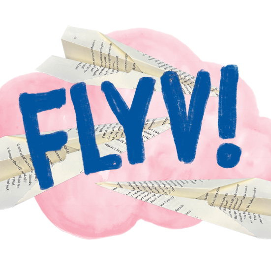 Tekst: FLYV! skrevet på en lyserød sky med papirfly omkring.