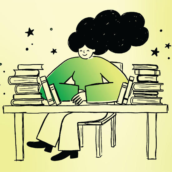 Grafisk tegning af pige siddende ved bord mellem to stabler af bøger. 